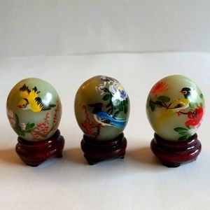 Set of 3 Green Jade Painted Eggs w Stands.